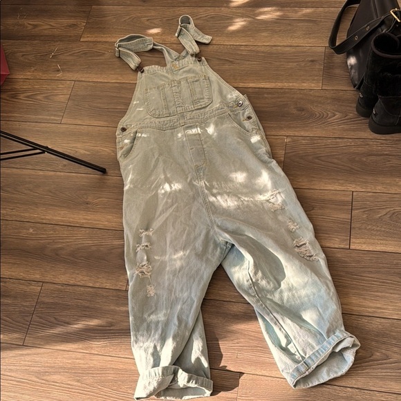 Distressed light blue drop crotch Japanese denim overalls one size baggy - Picture 3 of 10